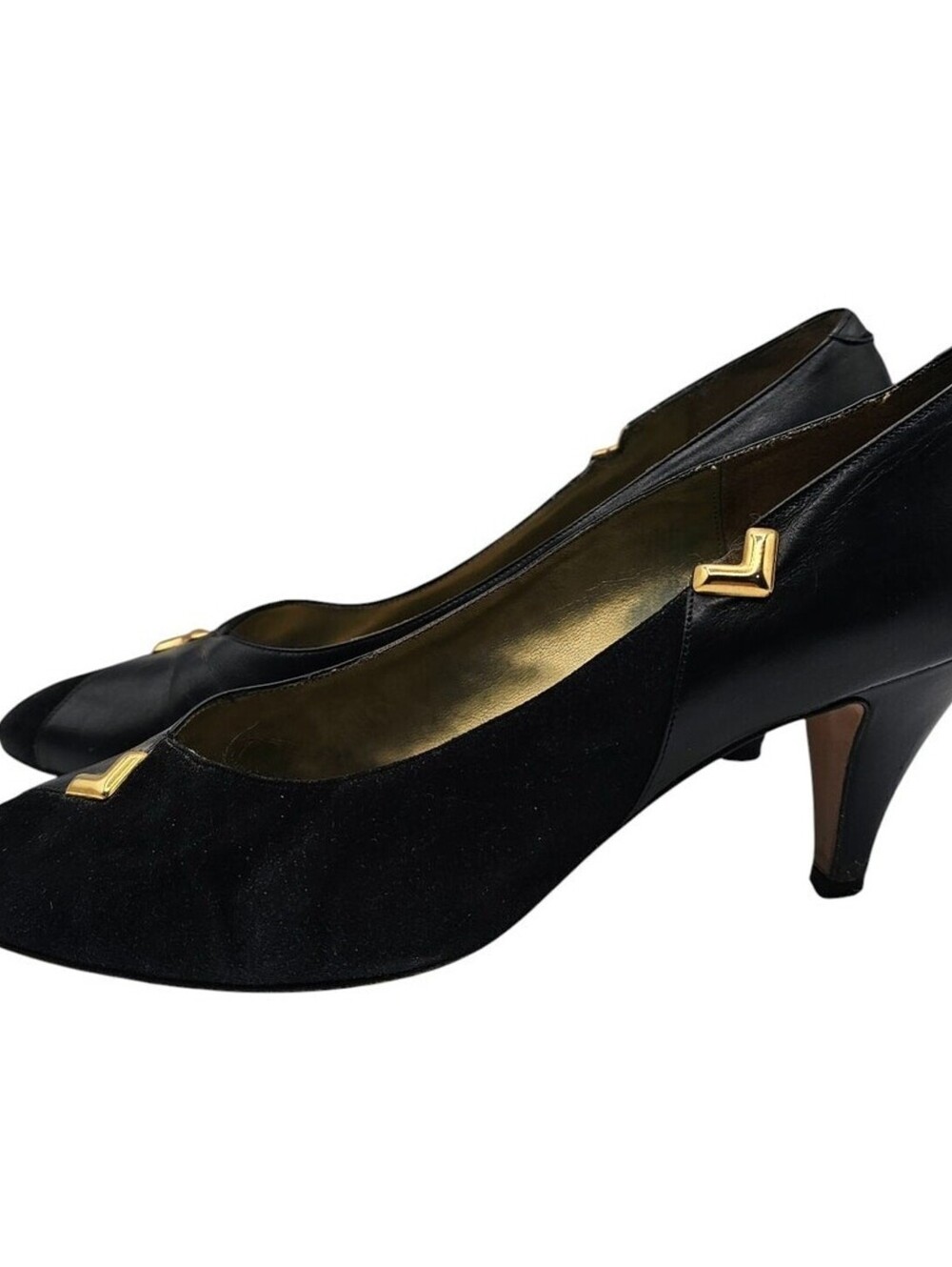 Vtg 1980s Sesto Meucci Womens Sz 9 Black Suede Leather Pumps w/ Gold Detail